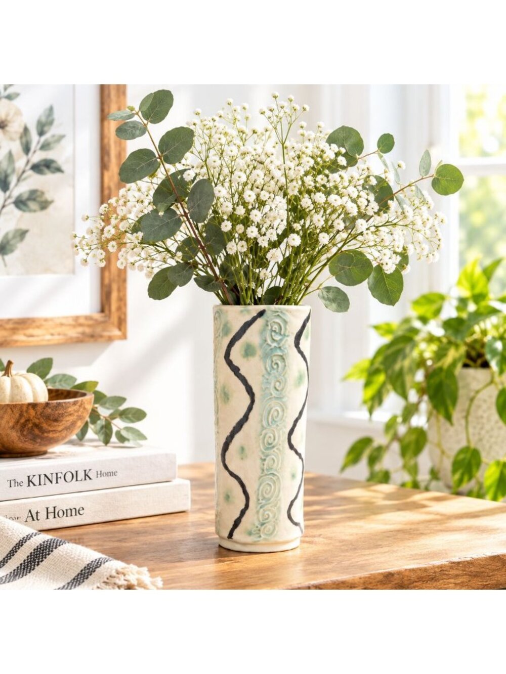 Handcrafted Ceramic Vase With Swirl & Wave Pattern - 8.5 Inches Tall - Green & B
